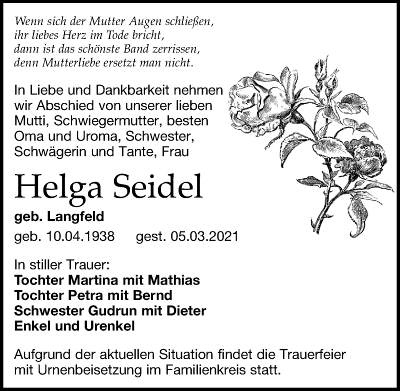  Traueranzeige für Helga Seidel vom 13.03.2021 aus Leipziger Volkszeitung