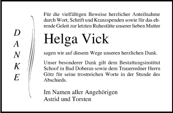 Traueranzeige von Helga Vick von Ostsee-Zeitung GmbH