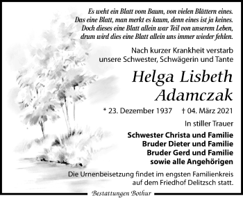 Traueranzeige von Helga Lisbeth Adamczak von Leipziger Volkszeitung