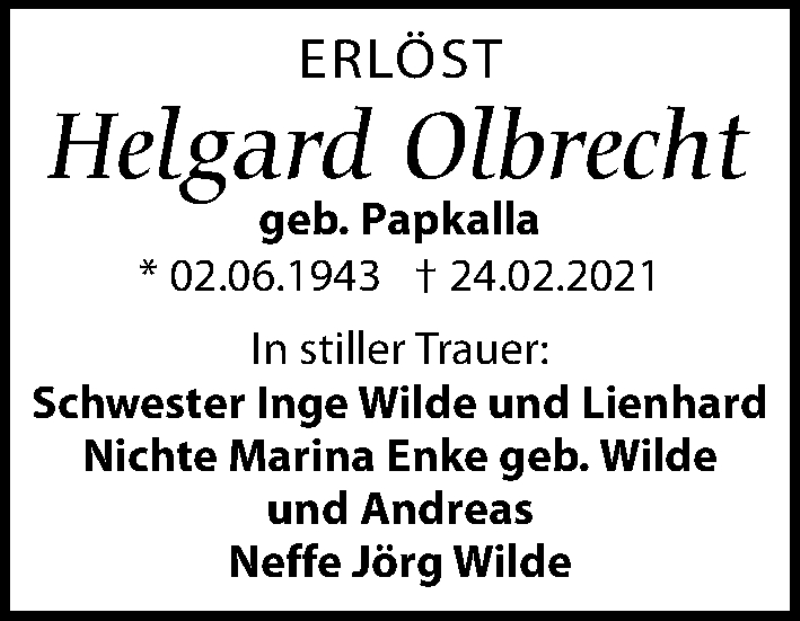  Traueranzeige für Helgard Olbrecht vom 06.03.2021 aus Leipziger Volkszeitung