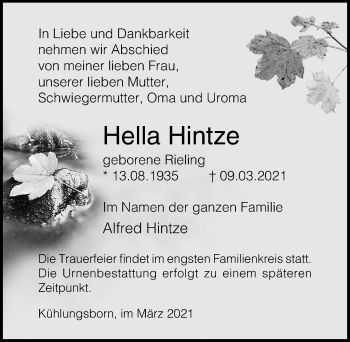 Traueranzeige von Hella Hintze von Ostsee-Zeitung GmbH