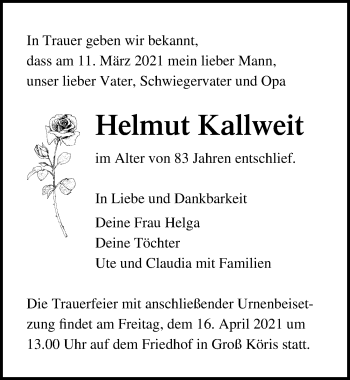 Traueranzeige von Helmut Kallweit von Märkischen Allgemeine Zeitung