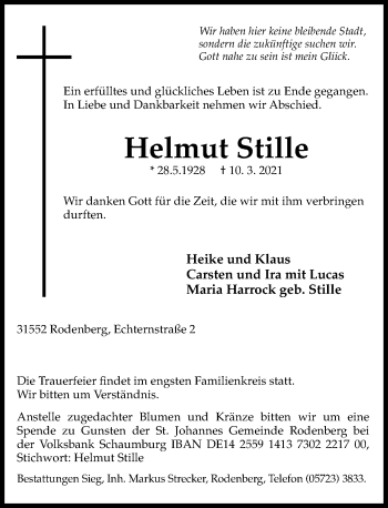 Traueranzeige von Helmut Stille von Schaumburger Nachrichten