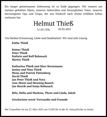 Traueranzeige von Helmut Thieß von Lübecker Nachrichten
