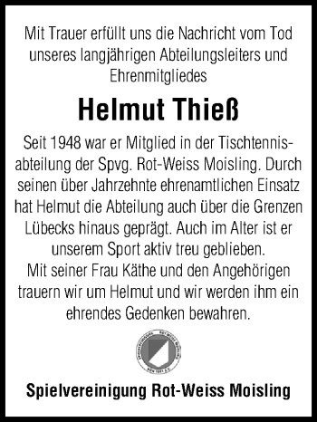 Traueranzeige von Helmut Thieß von Lübecker Nachrichten