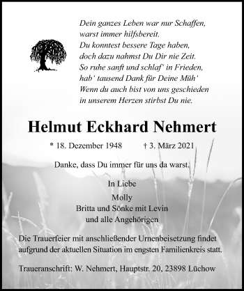 Traueranzeige von Helmut Eckhard Nehmert von Lübecker Nachrichten