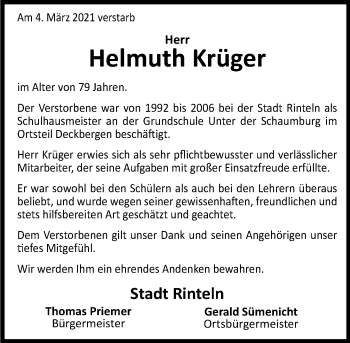 Traueranzeige von Helmuth Krüger von Schaumburger Nachrichten