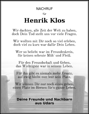 Traueranzeige von Henrik Klos von Ostsee-Zeitung GmbH