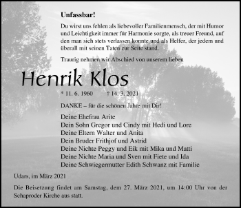 Traueranzeige von Henrik Klos von Ostsee-Zeitung GmbH