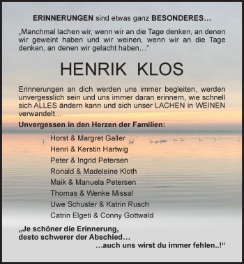 Traueranzeige von Henrik Klos von Ostsee-Zeitung GmbH