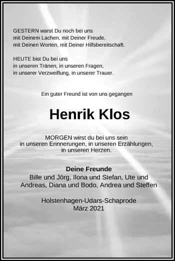 Traueranzeige von Henrik Klos von Ostsee-Zeitung GmbH