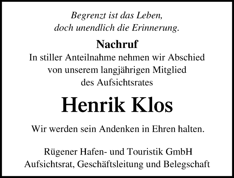  Traueranzeige für Henrik Klos vom 27.03.2021 aus Ostsee-Zeitung GmbH