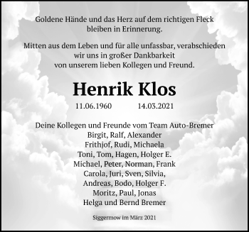 Traueranzeige von Henrik Klos von Ostsee-Zeitung GmbH