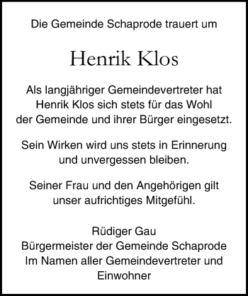 Traueranzeige von Henrik Klos von Ostsee-Zeitung GmbH