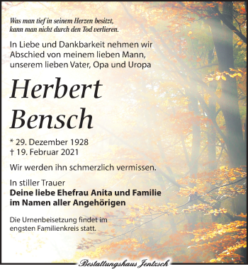 Traueranzeige von Herbert Bensch von Leipziger Volkszeitung