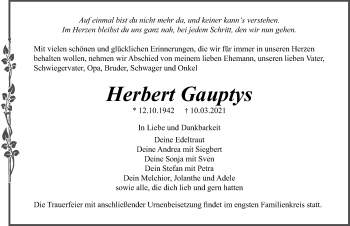 Traueranzeige von Herbert Gauptys von Ostsee-Zeitung GmbH