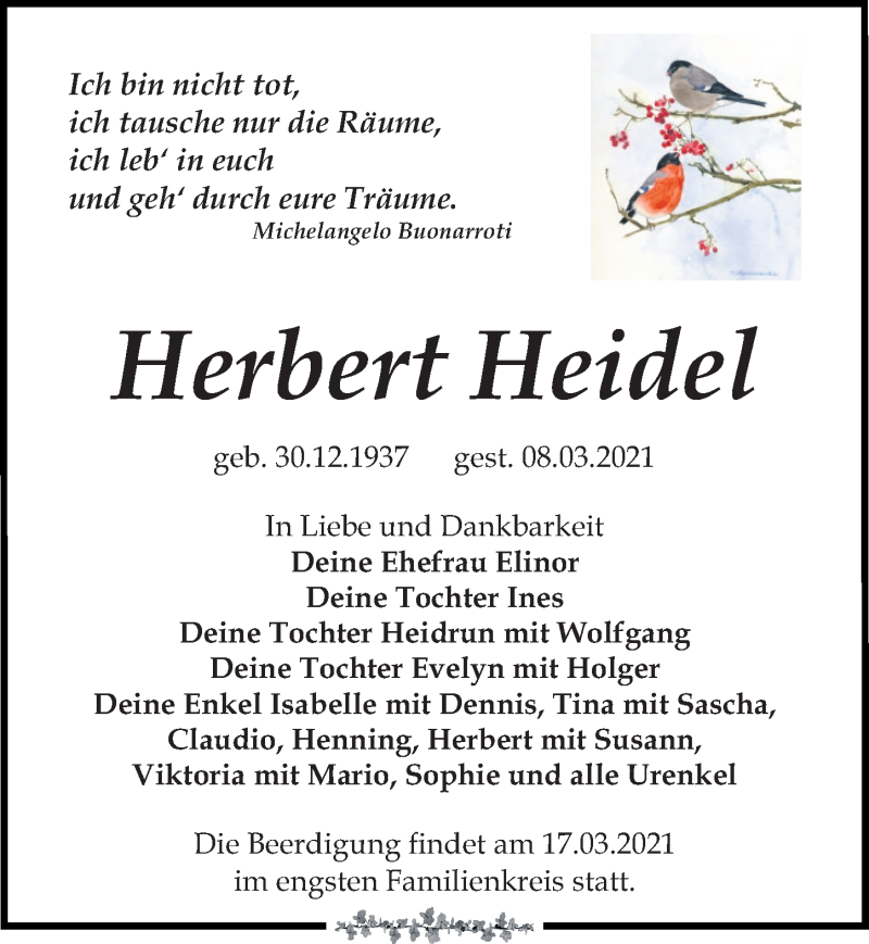  Traueranzeige für Herbert Heidel vom 13.03.2021 aus Leipziger Volkszeitung