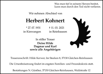 Traueranzeige von Herbert Kohnert von Göttinger Tageblatt