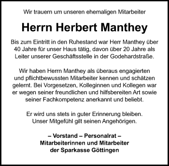 Traueranzeige von Herbert Manthey von Göttinger Tageblatt