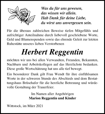 Traueranzeige von Herbert Reggentin von Märkischen Allgemeine Zeitung