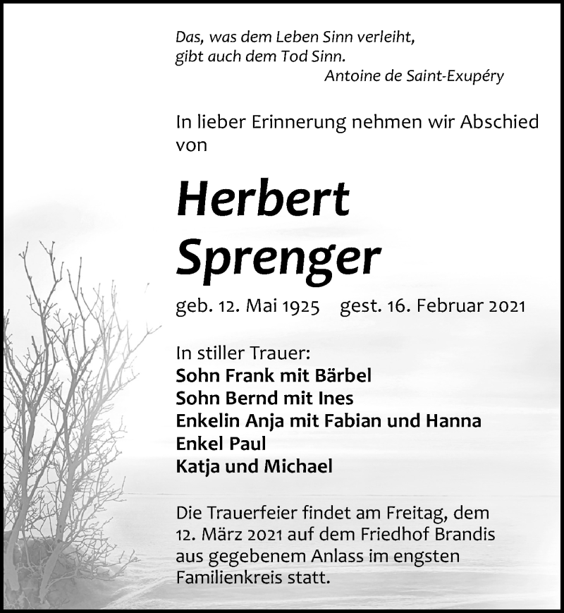  Traueranzeige für Herbert Sprenger vom 06.03.2021 aus Leipziger Volkszeitung