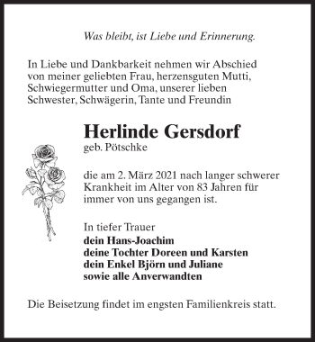 Traueranzeige von Herlinde Gersdorf von Märkischen Allgemeine Zeitung