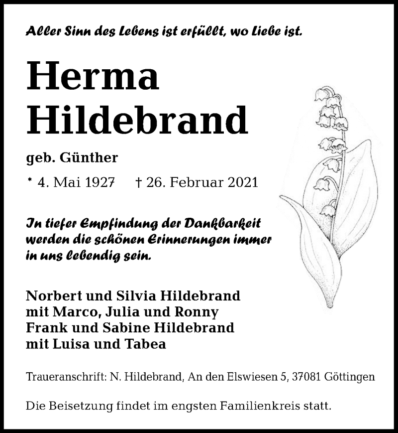  Traueranzeige für Herma Hildbarnd vom 06.03.2021 aus Göttinger Tageblatt