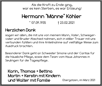 Traueranzeige von Hermann Köhler von Göttinger Tageblatt