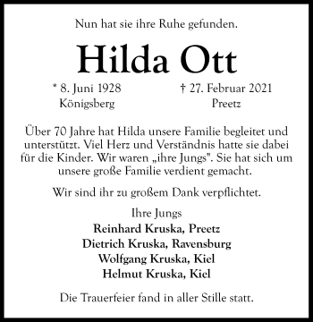 Traueranzeige von Hilda Ott von Kieler Nachrichten