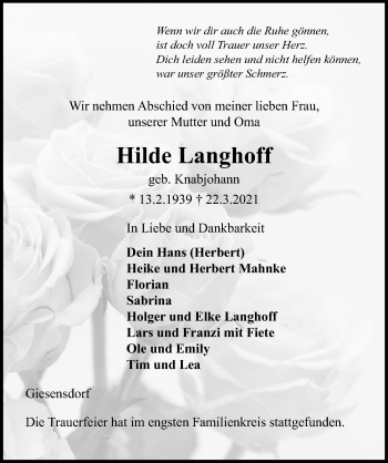 Traueranzeige von Hilde Langhoff von Lübecker Nachrichten