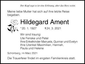 Traueranzeige von Hildegard Ament von Ostsee-Zeitung GmbH