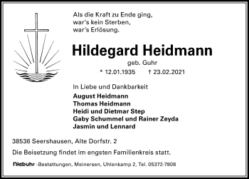Traueranzeige von Hildegard Heidmann von Aller Zeitung
