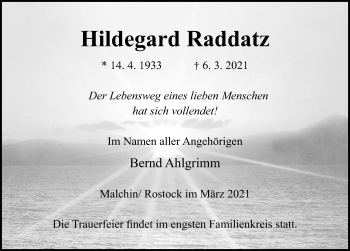 Traueranzeige von Hildegard Raddatz von Ostsee-Zeitung GmbH