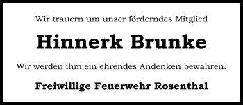 Traueranzeige von Hinnerk Brunke von Peiner Allgemeine Zeitung
