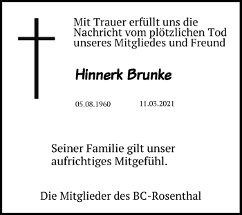 Traueranzeige von Hinnerk Brunke von Peiner Allgemeine Zeitung