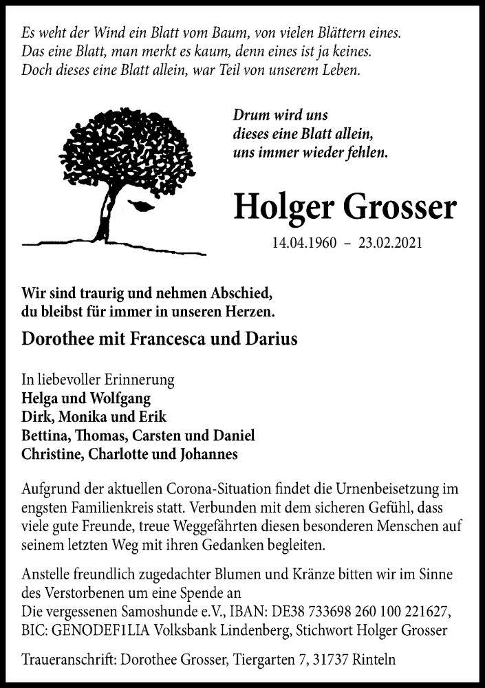  Traueranzeige für Holger Grosser vom 06.03.2021 aus Schaumburger Nachrichten