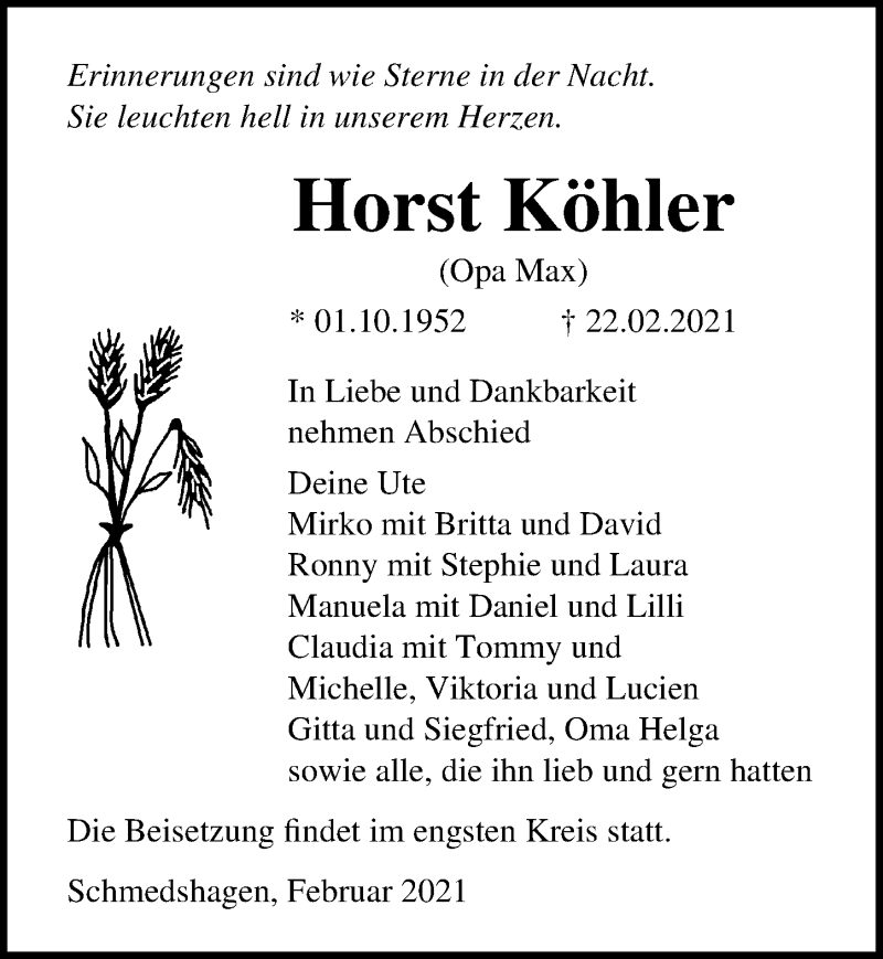  Traueranzeige für Horst Köhler vom 06.03.2021 aus Ostsee-Zeitung GmbH