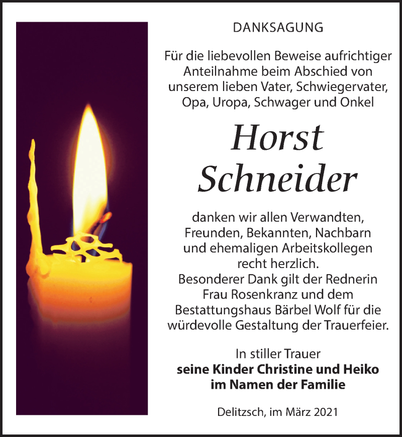 Traueranzeige für Horst Schneider vom 13.03.2021 aus Leipziger Volkszeitung