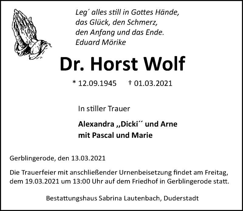 Traueranzeige für Horst Wolf vom 13.03.2021 aus Göttinger Tageblatt