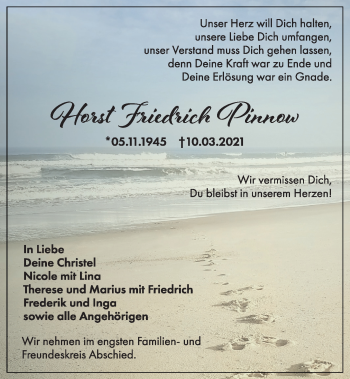 Traueranzeige von Horst Friedrich Pinnow von Kieler Nachrichten