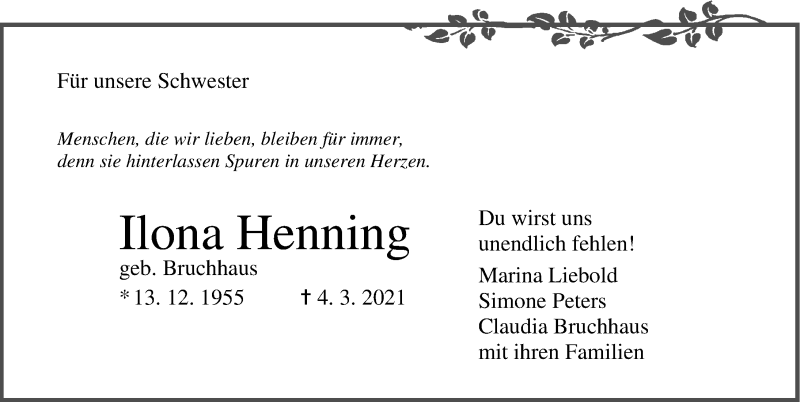  Traueranzeige für Ilona Henning vom 13.03.2021 aus Ostsee-Zeitung GmbH