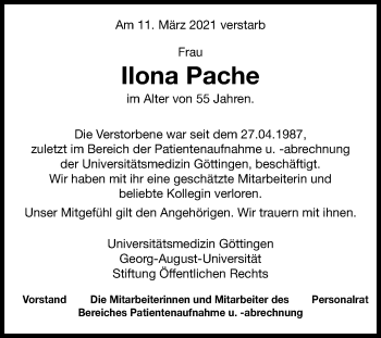 Traueranzeige von Ilona Pache von Göttinger Tageblatt