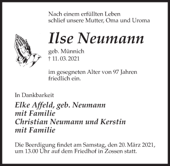 Traueranzeige von Ilse Neumann von Märkischen Allgemeine Zeitung