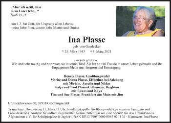 Traueranzeige von Ina Plasse von Hannoversche Allgemeine Zeitung/Neue Presse