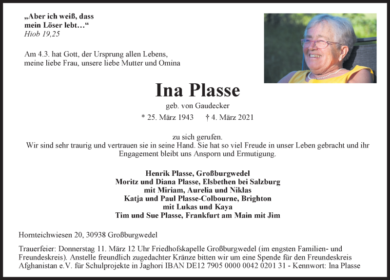  Traueranzeige für Ina Plasse vom 10.03.2021 aus Hannoversche Allgemeine Zeitung/Neue Presse