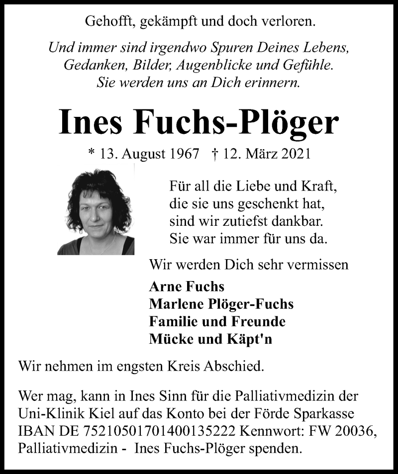  Traueranzeige für Ines Fuchs-Plöger vom 20.03.2021 aus Kieler Nachrichten