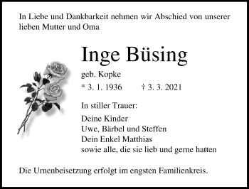 Traueranzeige von Inge Büsing von Ostsee-Zeitung GmbH
