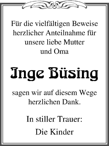 Traueranzeige von Inge Büsing von Ostsee-Zeitung GmbH