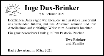 Traueranzeige von Inge Dux-Brinker von Lübecker Nachrichten