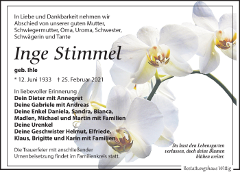 Traueranzeige von Inge Stimmel von Leipziger Volkszeitung